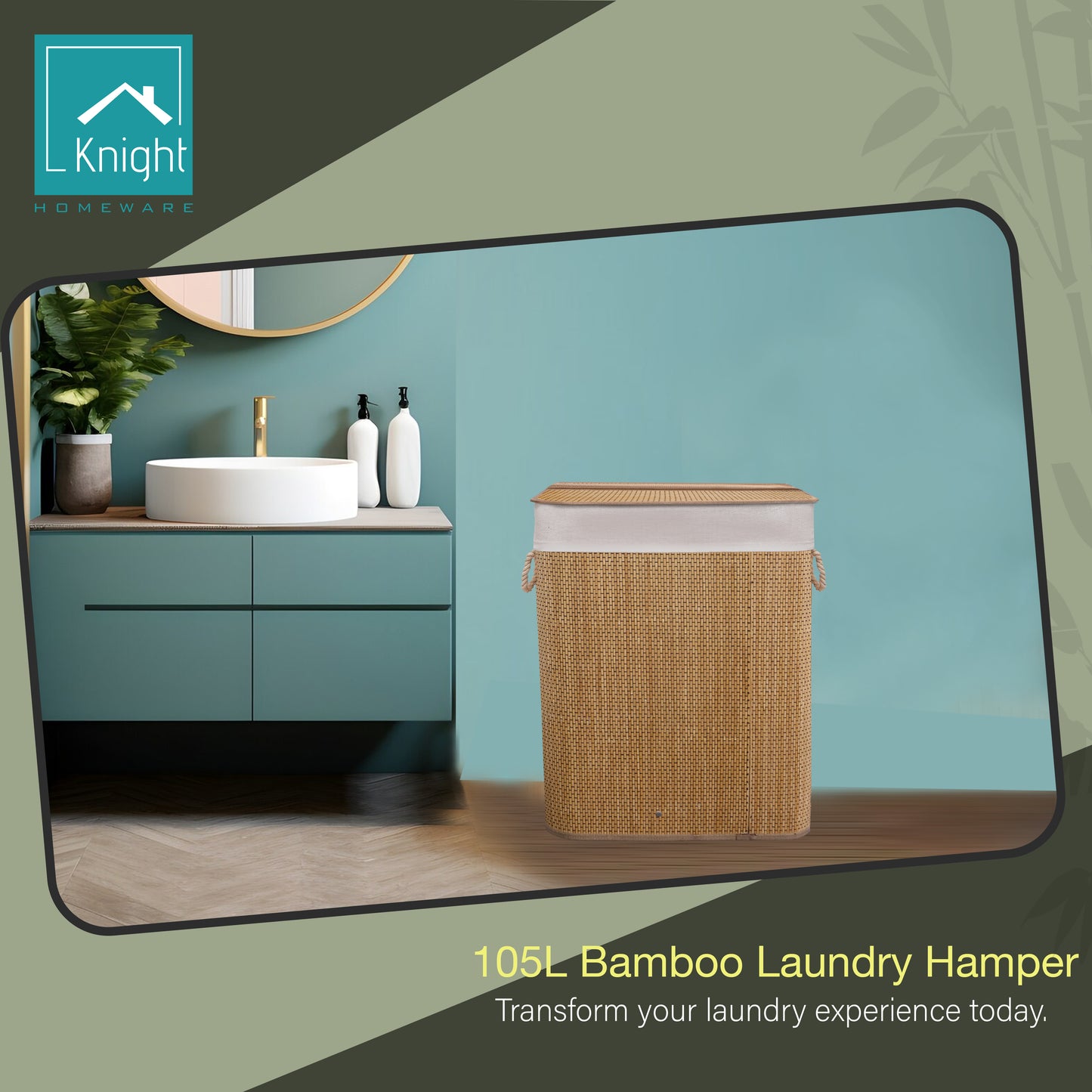 KNIGHT Bamboo Laundry Basket, 105L Laundry Hamper with Removable Washable Lining, Easy Assemble Easy Folding Storage Bin 40x18x60 cm (Micro weave- Natural)