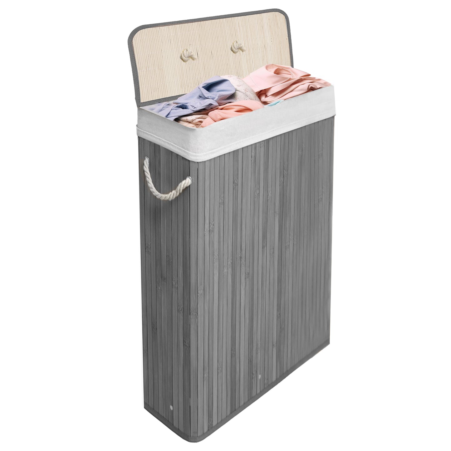 KNIGHT Bamboo Laundry Basket, 56L Laundry Hamper with Removable Washable Lining, Easy Assemble Easy Folding Storage Bin 40x18x60 cm (Grey)