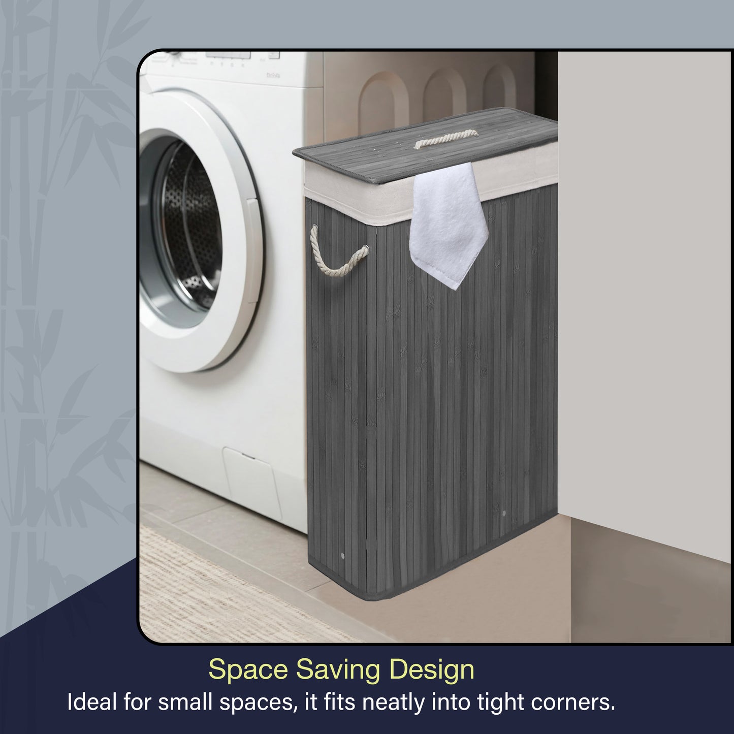 KNIGHT Bamboo Laundry Basket, 56L Laundry Hamper with Removable Washable Lining, Easy Assemble Easy Folding Storage Bin 40x18x60 cm (Grey)