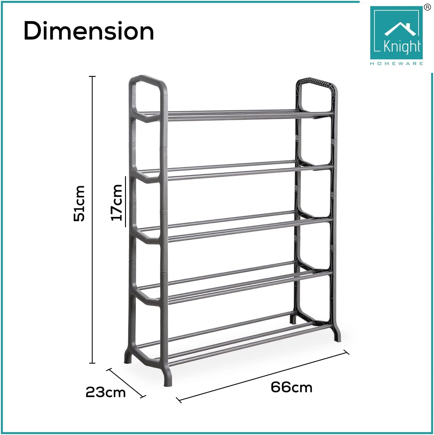 Knight 5 Tier Shoe Rack | Space Saving Shoe Storage Holds 15-20 Pairs | Sturdy Shoe Organiser for Living Room, Hallway, Cloakroom | Matt Grey | 51(H) x 23(W) x 66(L).
