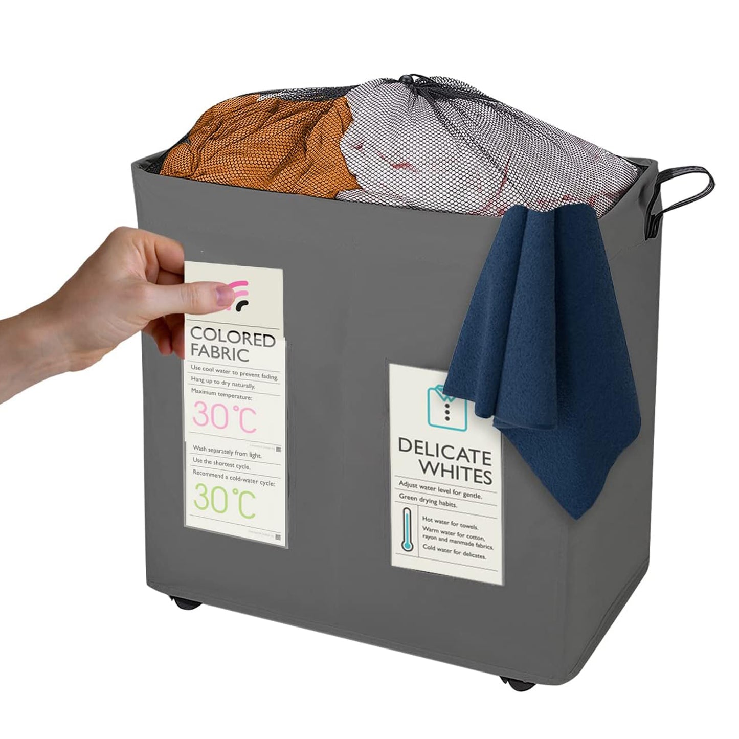 KNIGHT 120L Collapsible Laundry Basket with Wheels - Lightweight, 2 Section, Portable Washing Storage Bin with Mesh Cover & Handles - Durable Fabric (Grey)