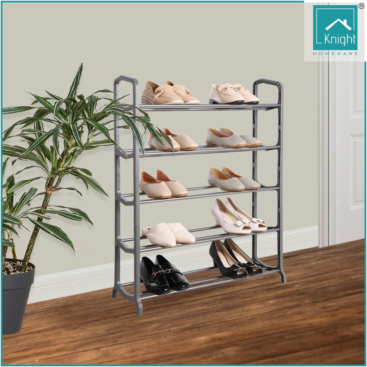 Knight 5 Tier Shoe Rack | Space Saving Shoe Storage Holds 15-20 Pairs | Sturdy Shoe Organiser for Living Room, Hallway, Cloakroom | Matt Grey | 51(H) x 23(W) x 66(L).