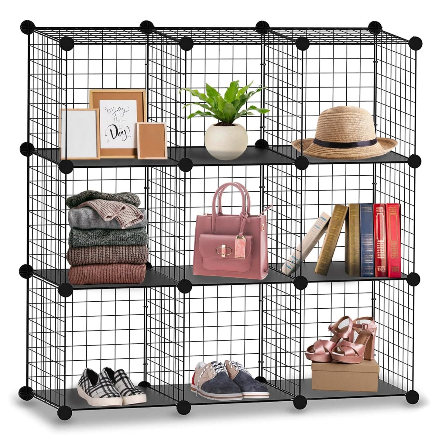 9 Cube Interlocking Storage Rack with Metal Wire Mesh Shelves | Cube Bookcase | Multifunctional Wire Fence Display Stand Unit Cabinet Large Capacity with Free Rubber Mallet