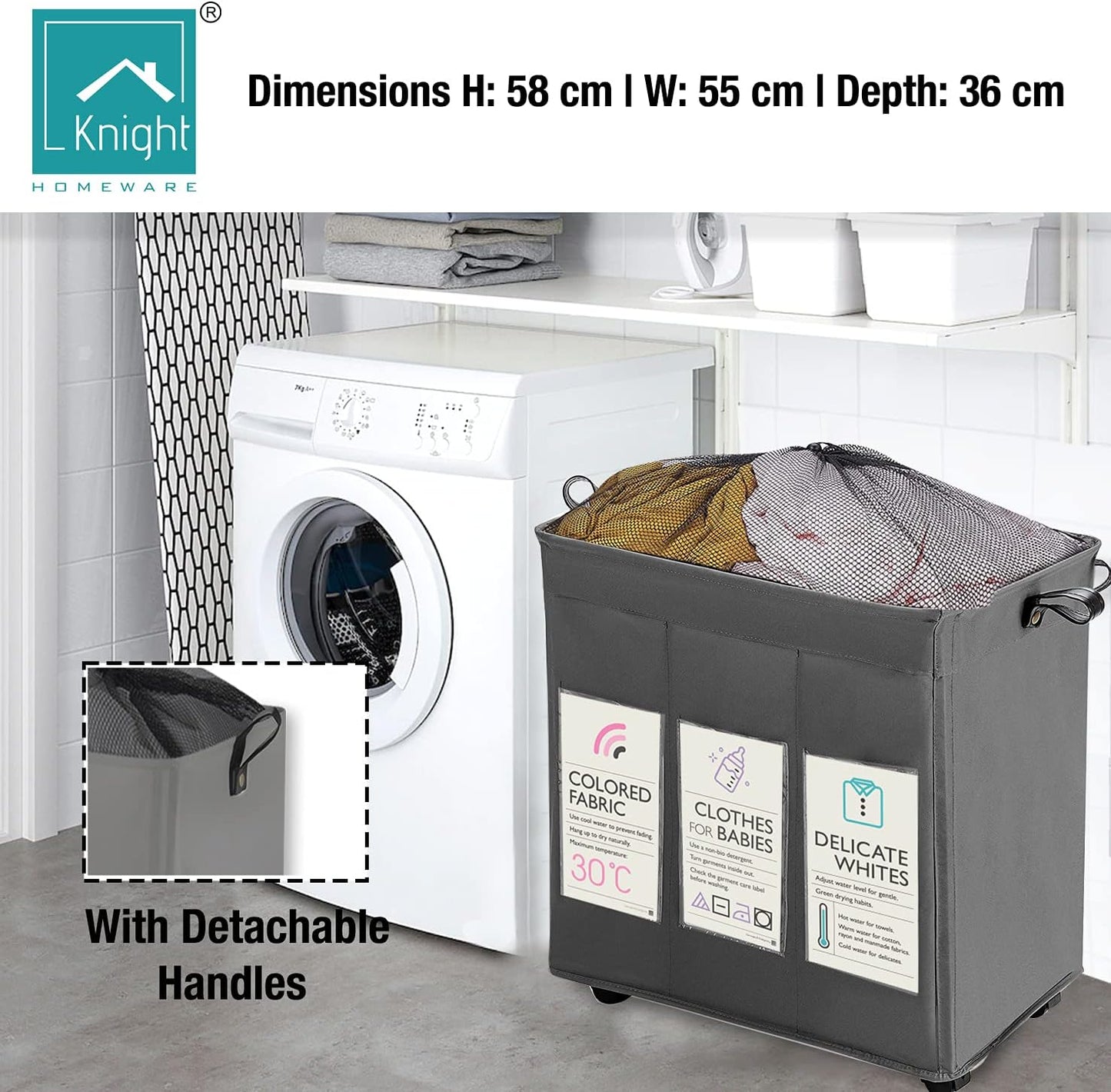 KNIGHT 150L Collapsible Laundry Basket with Wheels | Lightweight Portable Washing Storage Bin | Durable Fabric Mesh Cover & Handles | Grey Laundry Hamper