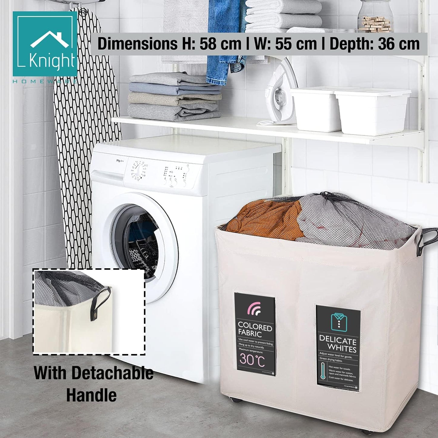 KNIGHT 120L Collapsible Laundry Basket with Wheels - Lightweight, 2 Section, Portable Washing Storage Bin with Mesh Cover & Handles - Durable Fabric (Ivory) Visit the Knight Store