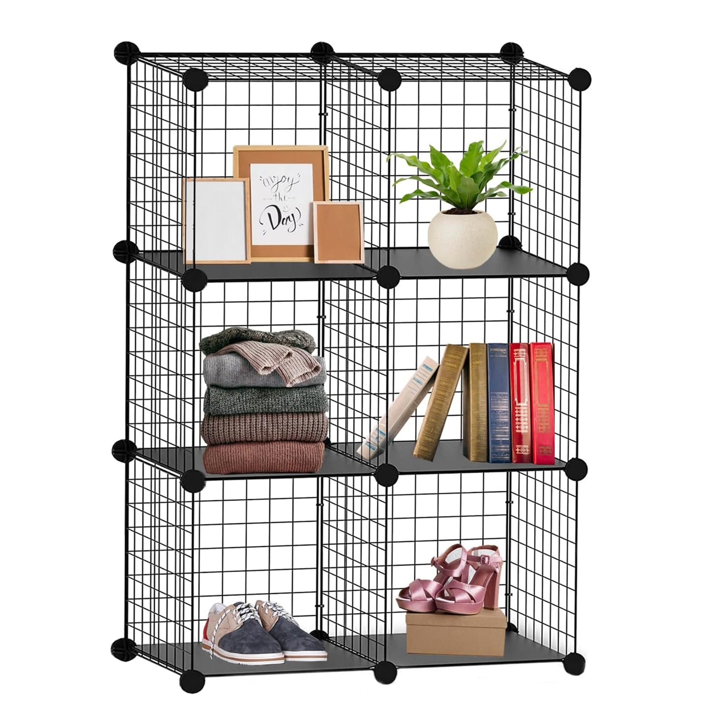 6 Cube Interlocking Storage Rack | Metal Wire Mesh Shelves | Metal Wire Fence| Combination Display Stand Unit | Large Capacity | Free Rubber Mallet | 62 x 31 x 93 cm | Black
