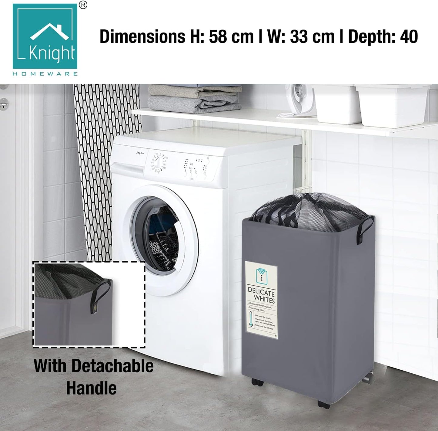 KNIGHT 60L Collapsible Laundry Basket with Wheels | Lightweight Portable Washing Storage Bin | Durable Fabric Mesh Cover & Handles | Grey Laundry Hamper