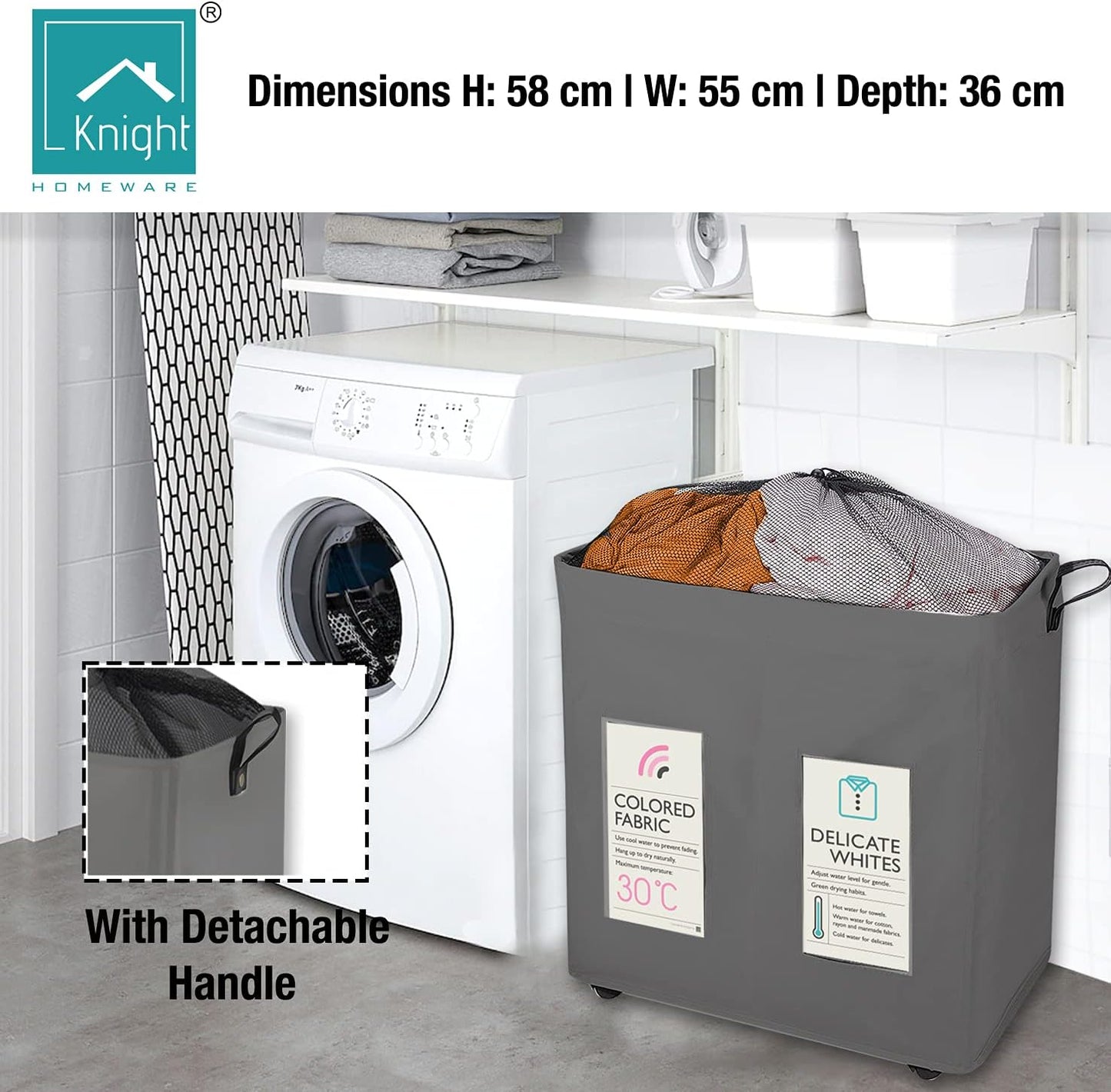 KNIGHT 120L Collapsible Laundry Basket with Wheels - Lightweight, 2 Section, Portable Washing Storage Bin with Mesh Cover & Handles - Durable Fabric (Grey)
