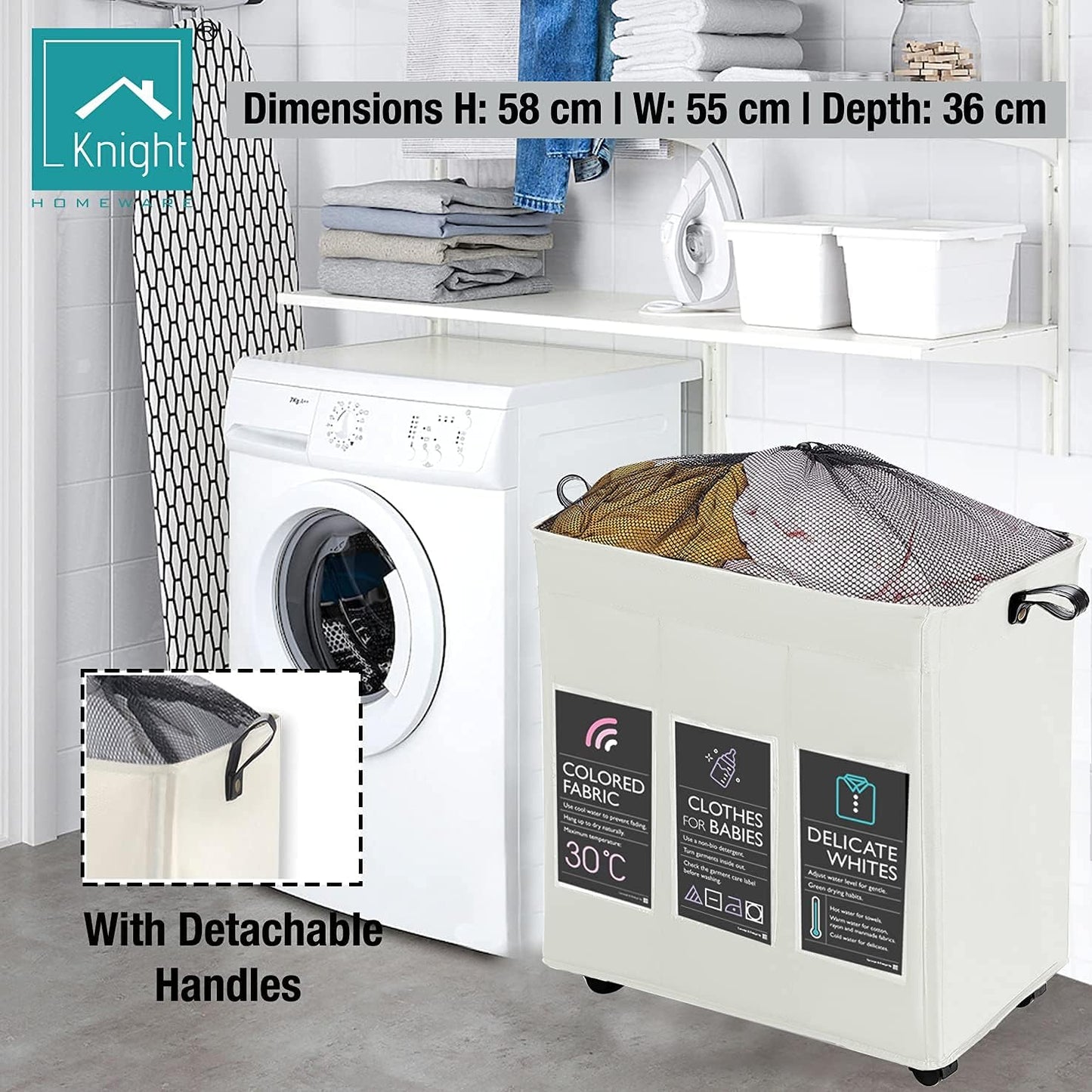 KNIGHT 150L Collapsible Laundry Basket with Wheels | Lightweight Portable Washing Storage Bin | Durable Fabric Mesh Cover & Handles | Ivory Laundry Hamper