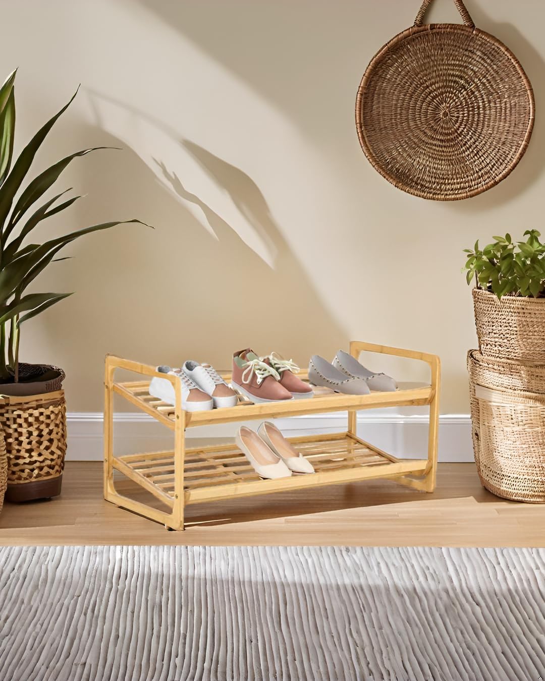 Knight 2-TIER Bamboo Shoe Rack, 100% Natural & Renewable, Super Strong Heavy Duty Durable Wooden Shoe Rack Stand Storage Organiser (L71 x W33 x H34 cm)