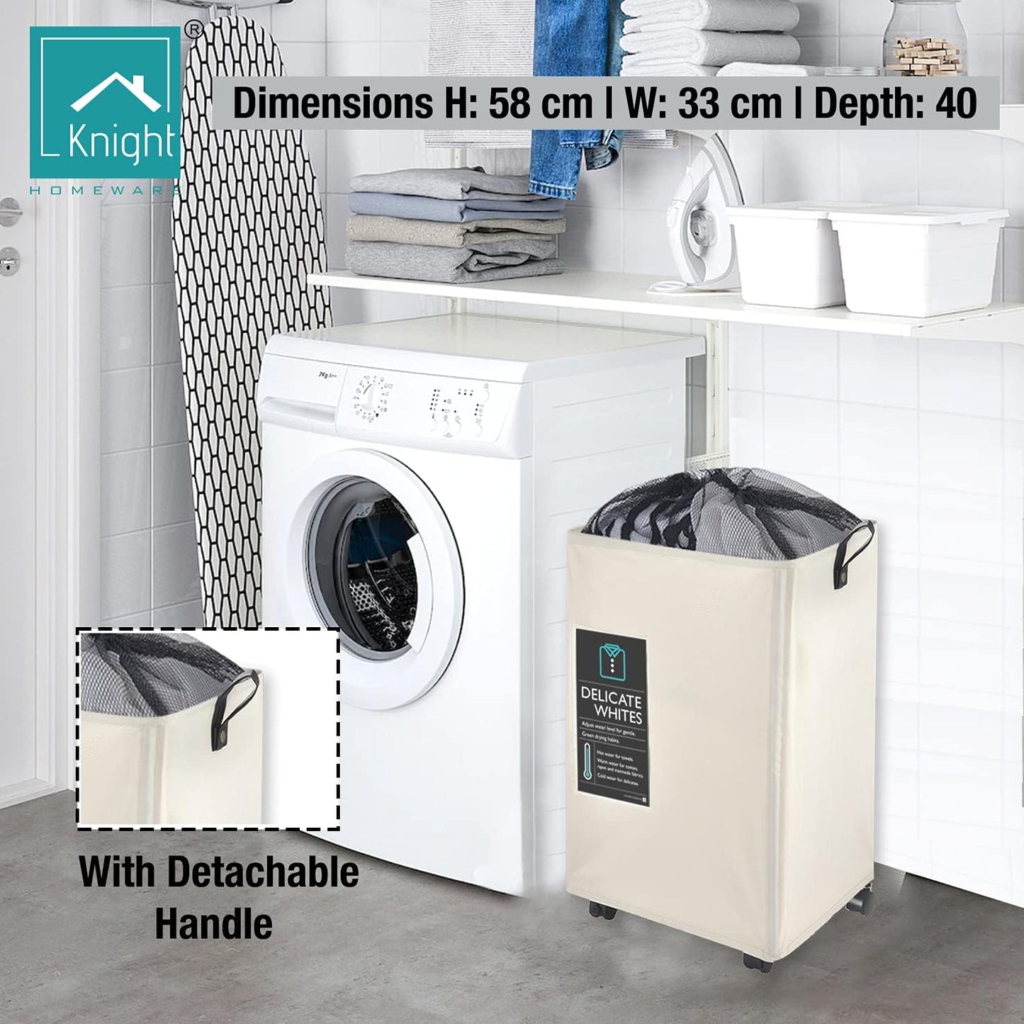 KNIGHT 60L Collapsible Laundry Basket with Wheels | Lightweight Portable Washing Storage Bin | Durable Fabric Mesh Cover & Handles | Ivory Laundry Hamper Visit the Knight Store