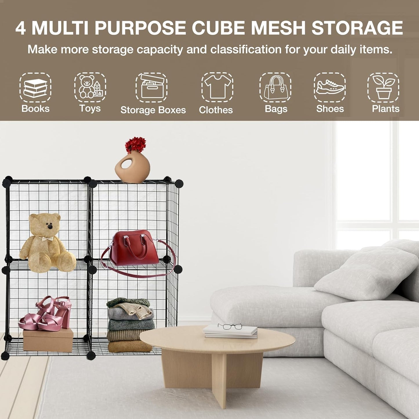 4 Cube Interlocking Storage Rack | Metal Wire Mesh Shelves | Combination Display Stand Unit | Large Capacity | Free Rubber Mallet | 62x31x62cm | Black