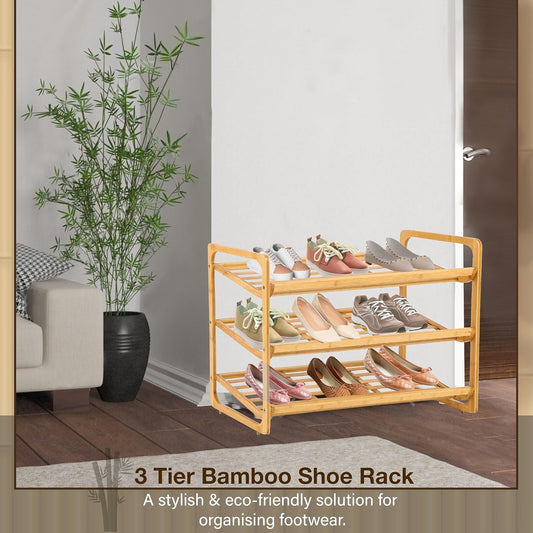 Knight 3-TIER Bamboo Shoe Rack, 100% Natural & Renewable, Super Strong Heavy Duty Durable Wooden Shoe Rack Stand Storage Organiser (L71 x W33 x H51 cm)