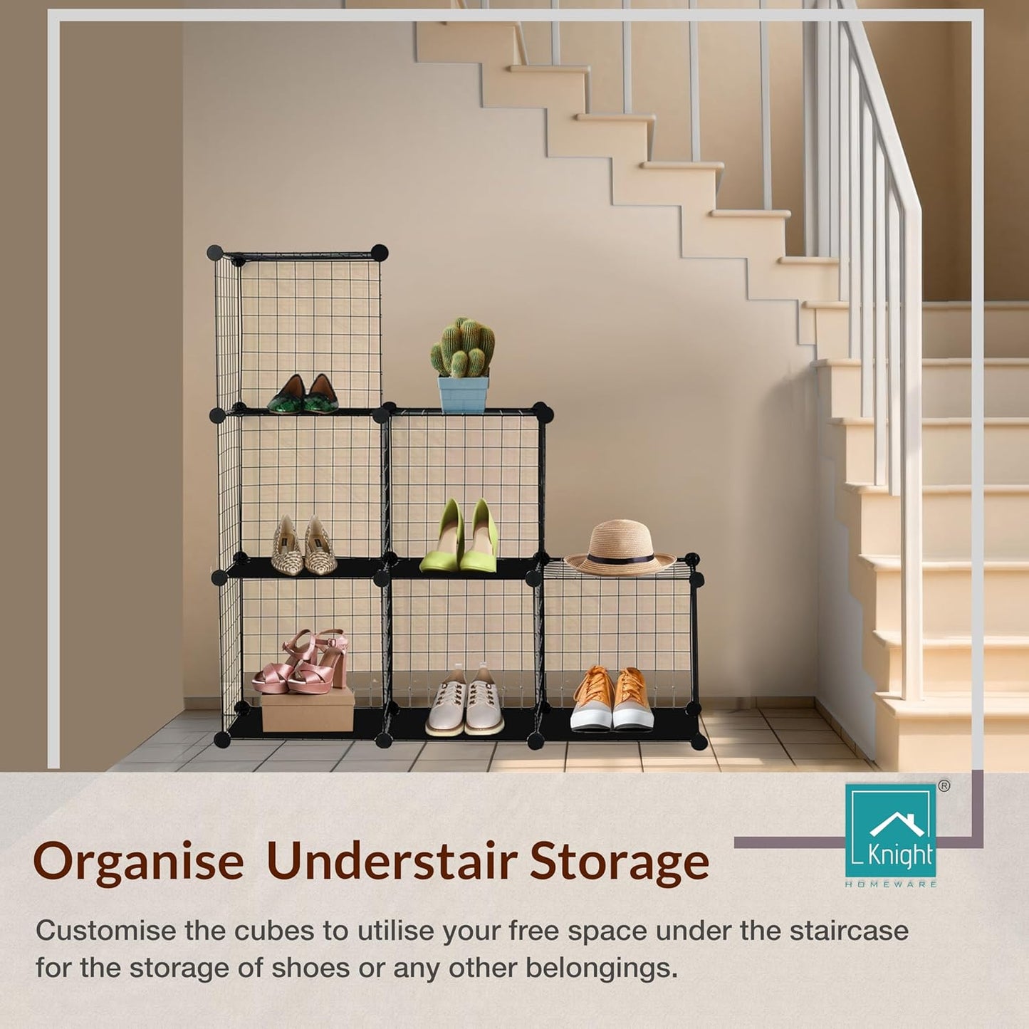 6 Cube Interlocking Storage Rack | Metal Wire Mesh Shelves | Metal Wire Fence| Combination Display Stand Unit | Large Capacity | Free Rubber Mallet | 62 x 31 x 93 cm | Black