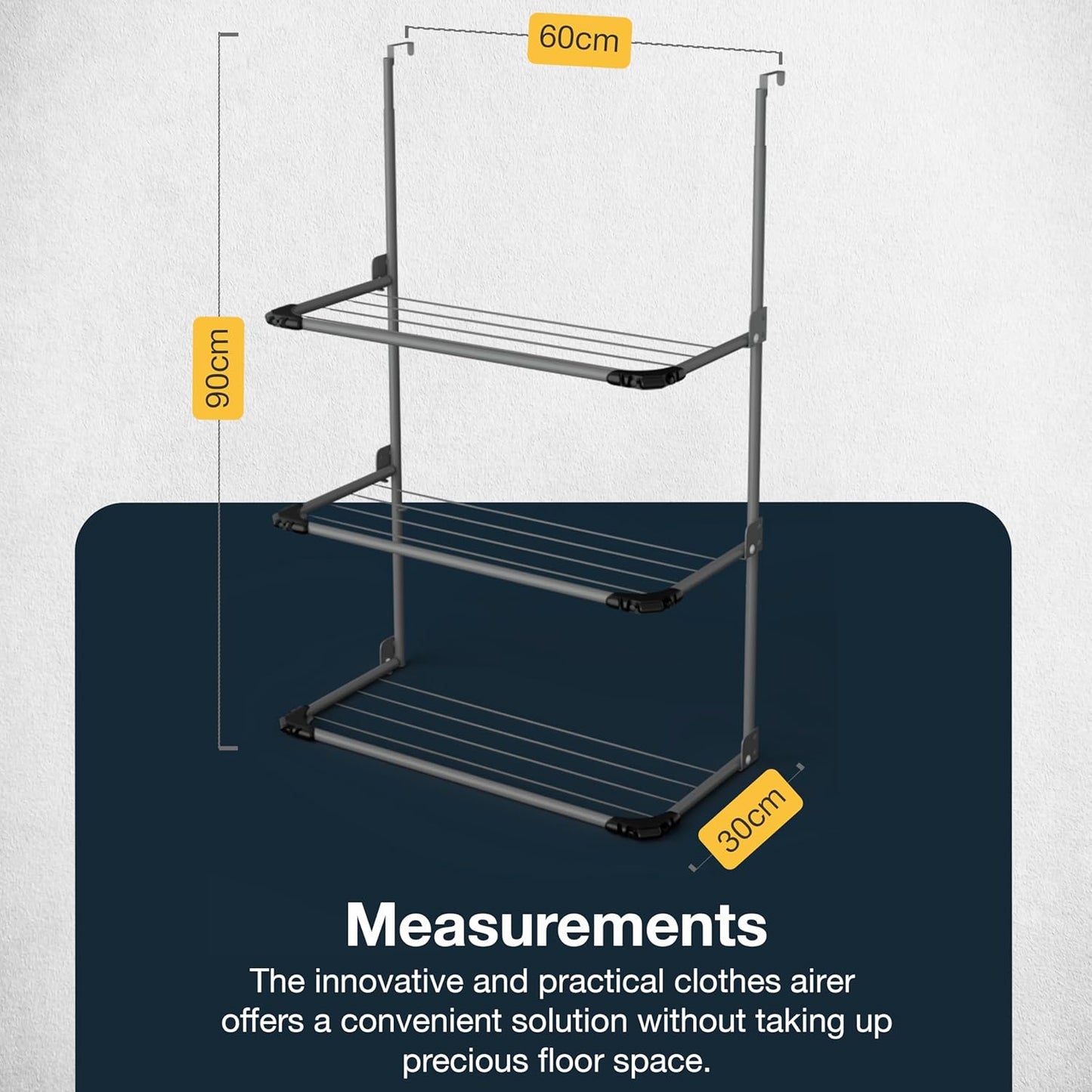 3-Tier Over The Door Clothes Airer | Foldable Clothes Rail with Corner Spaces for Hangers | Sturdy Hanging Washing Laundry Airer | Indoor Clothes Drying Rack for Small Spaces (Grey)