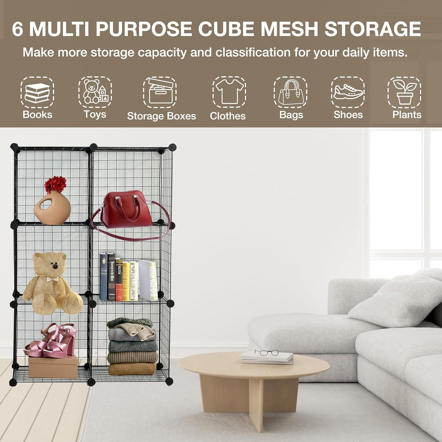 6 Cube Interlocking Storage Rack | Metal Wire Mesh Shelves | Metal Wire Fence| Combination Display Stand Unit | Large Capacity | Free Rubber Mallet | 62 x 31 x 93 cm | Black