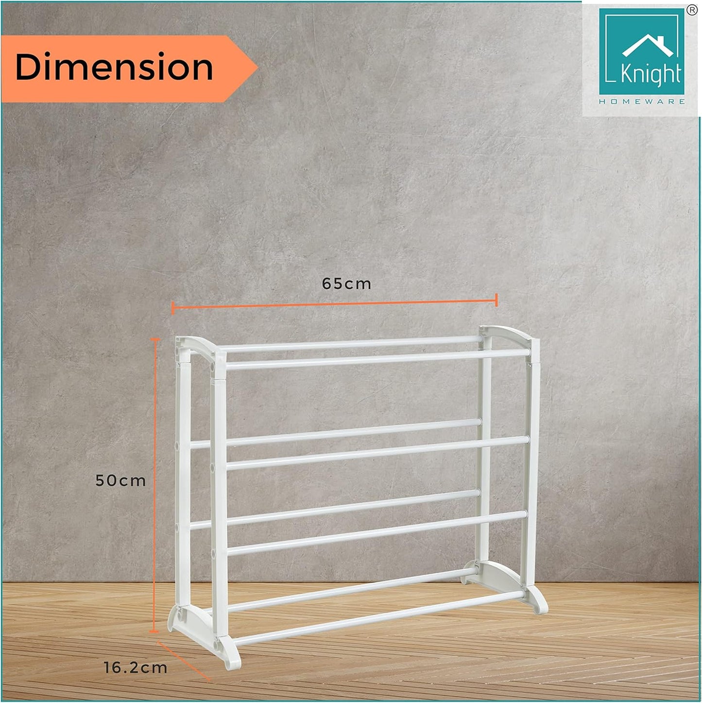 Knight 4-Tier Shoe Rack Extendable, for Living Room, Hallway and Cloakroom, Stores up to 12 Pairs of Shoes, Sturdy Design, Space Saving - (L) 65cm x (W) 16.5cm x (H) 50cm (White)