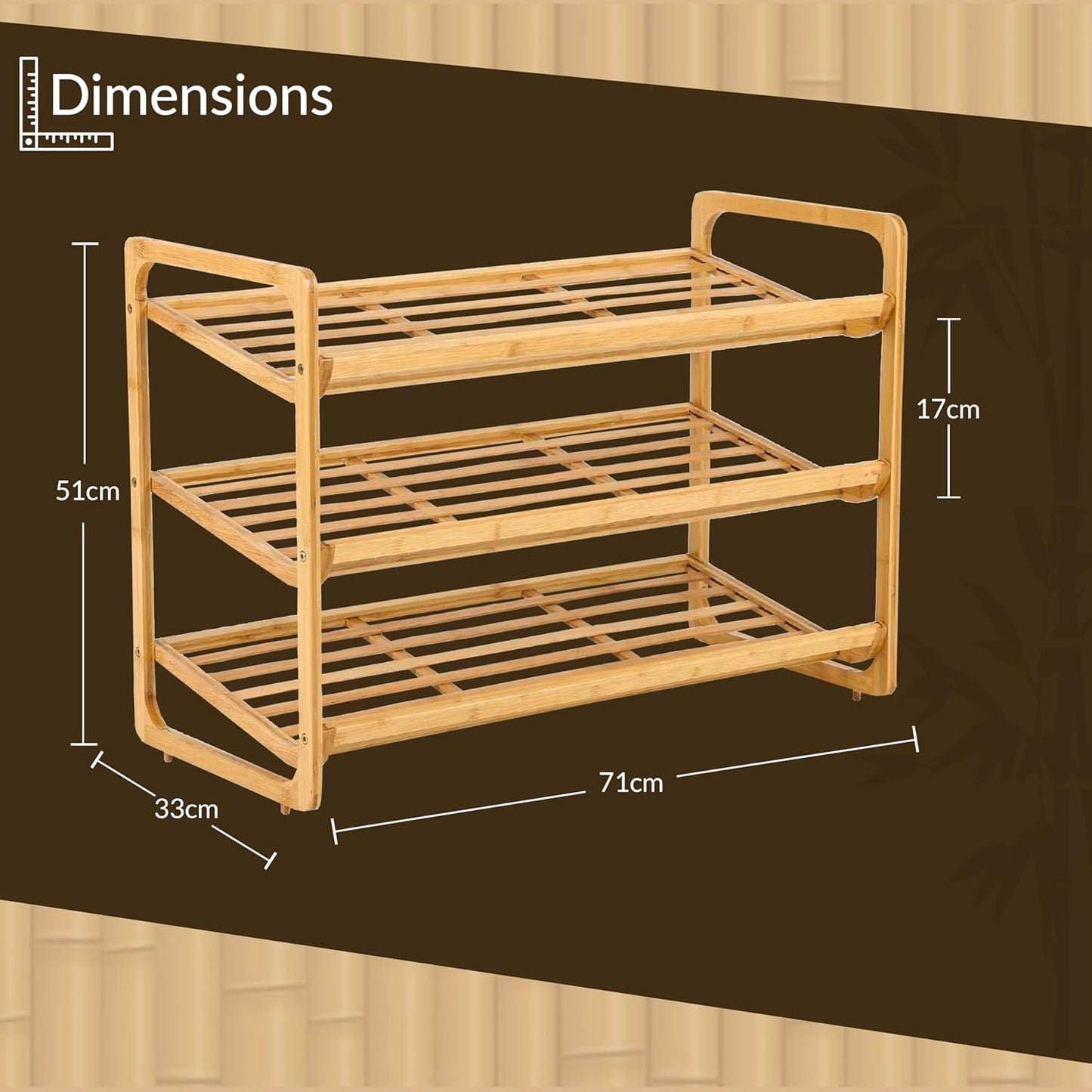 Knight 3-TIER Bamboo Shoe Rack, 100% Natural & Renewable, Super Strong Heavy Duty Durable Wooden Shoe Rack Stand Storage Organiser (L71 x W33 x H51 cm)