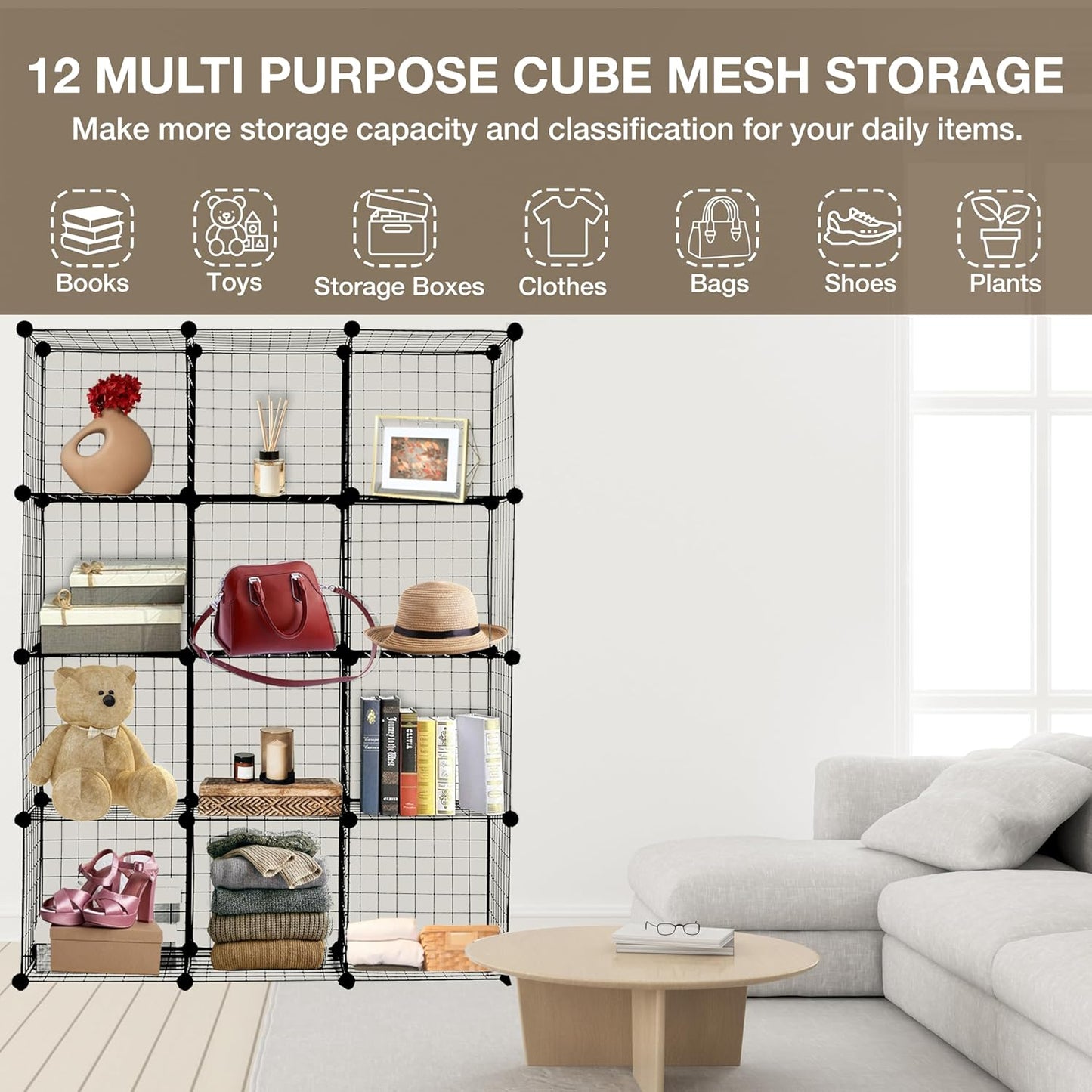 12 Cube Interlocking Storage Rack with Metal Wire Mesh Shelves Multifunctional Wire Fence Display Stand Unit Cabinet Large Capacity Free Rubber Mallet 123 x 93 x 31 cm Black