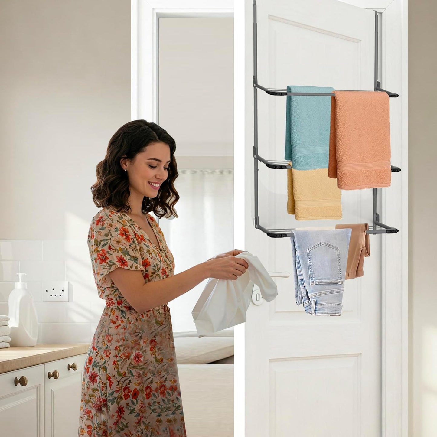 3-Tier Over The Door Clothes Airer | Foldable Clothes Rail with Corner Spaces for Hangers | Sturdy Hanging Washing Laundry Airer | Indoor Clothes Drying Rack for Small Spaces (Grey)