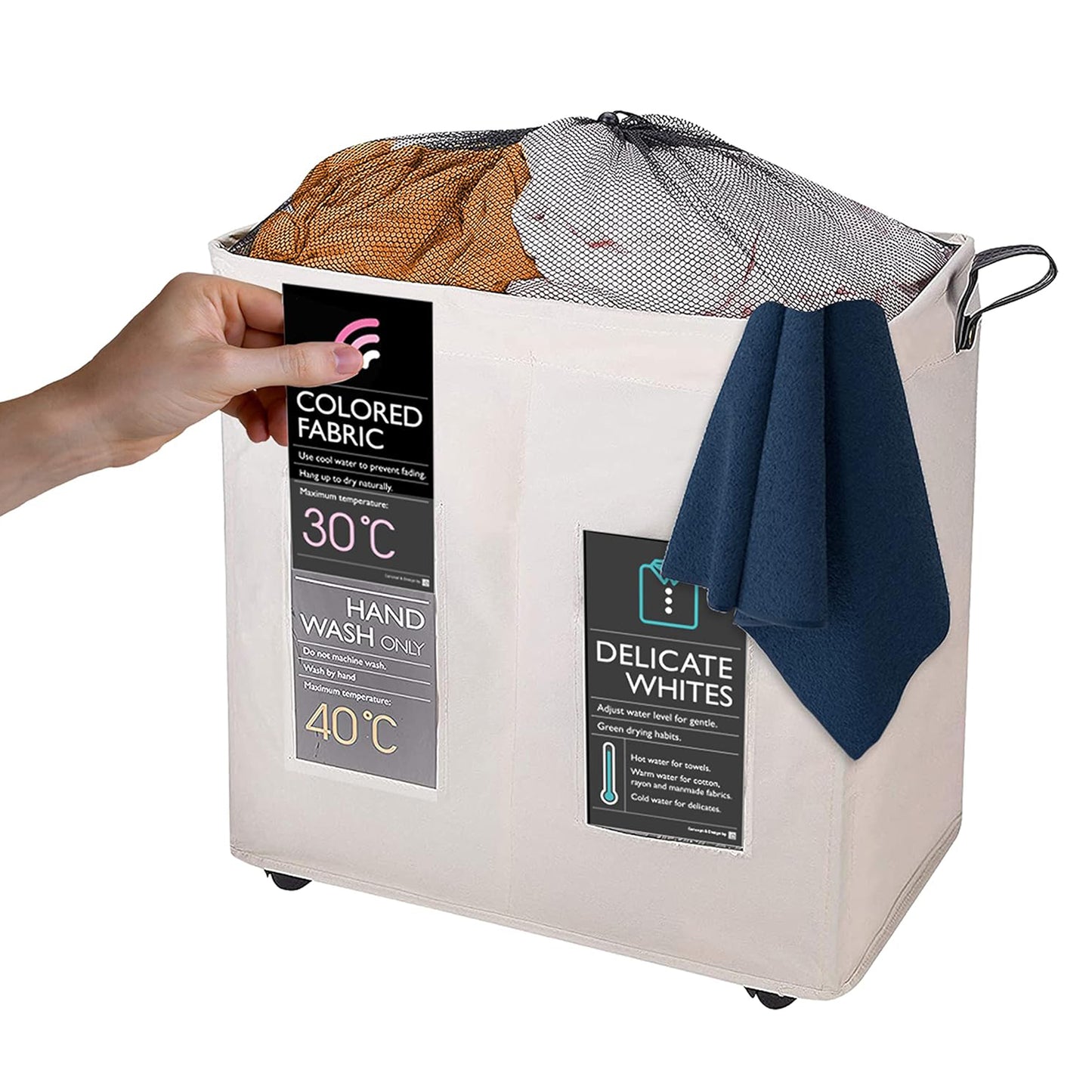 KNIGHT 120L Collapsible Laundry Basket with Wheels - Lightweight, 2 Section, Portable Washing Storage Bin with Mesh Cover & Handles - Durable Fabric (Ivory) Visit the Knight Store