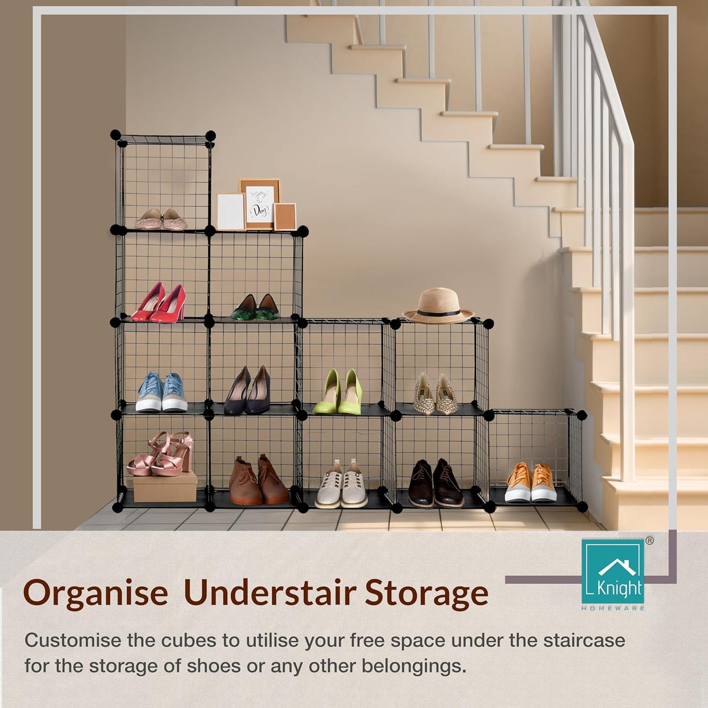 12 Cube Interlocking Storage Rack with Metal Wire Mesh Shelves Multifunctional Wire Fence Display Stand Unit Cabinet Large Capacity Free Rubber Mallet 123 x 93 x 31 cm Black