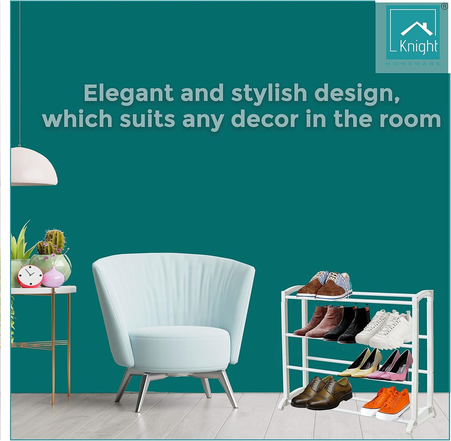 Knight 4-Tier Shoe Rack Extendable, for Living Room, Hallway and Cloakroom, Stores up to 12 Pairs of Shoes, Sturdy Design, Space Saving - (L) 65cm x (W) 16.5cm x (H) 50cm (White)