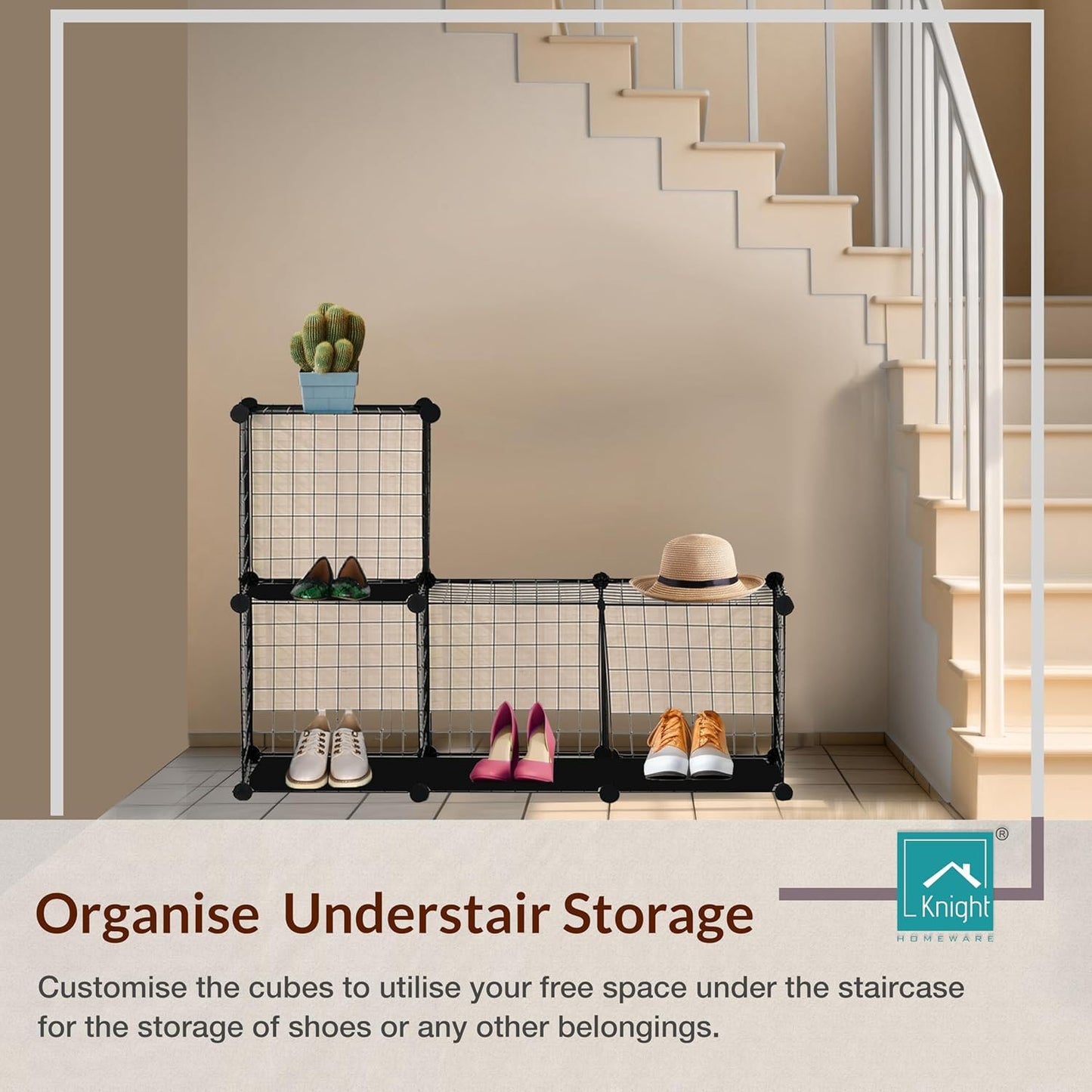 4 Cube Interlocking Storage Rack | Metal Wire Mesh Shelves | Combination Display Stand Unit | Large Capacity | Free Rubber Mallet | 62x31x62cm | Black