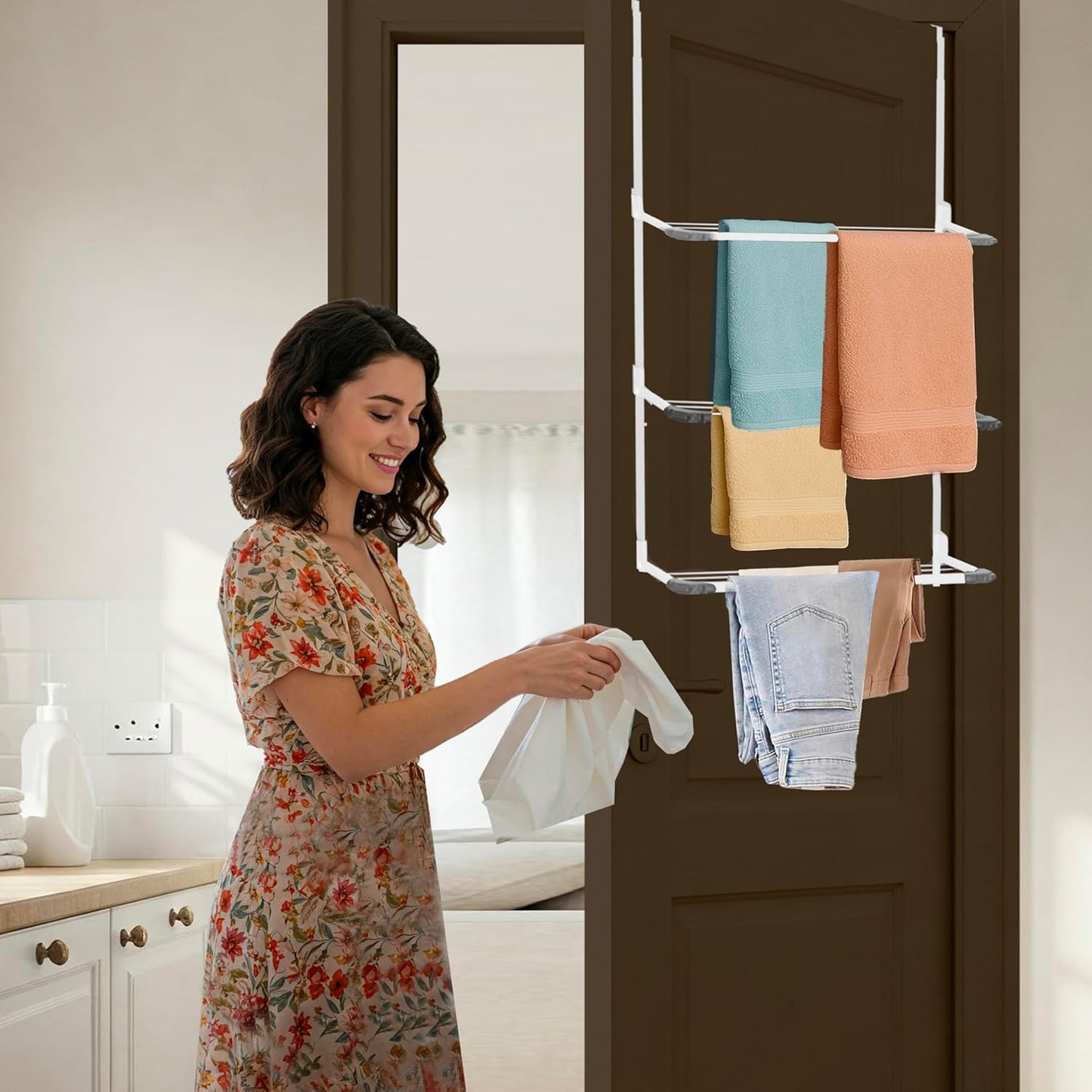 3-Tier Over The Door Clothes Airer | Foldable Clothes Rail with Corner Spaces for Hangers | Sturdy Hanging Washing Laundry Airer | Indoor Clothes Drying Rack for Small Spaces (White)