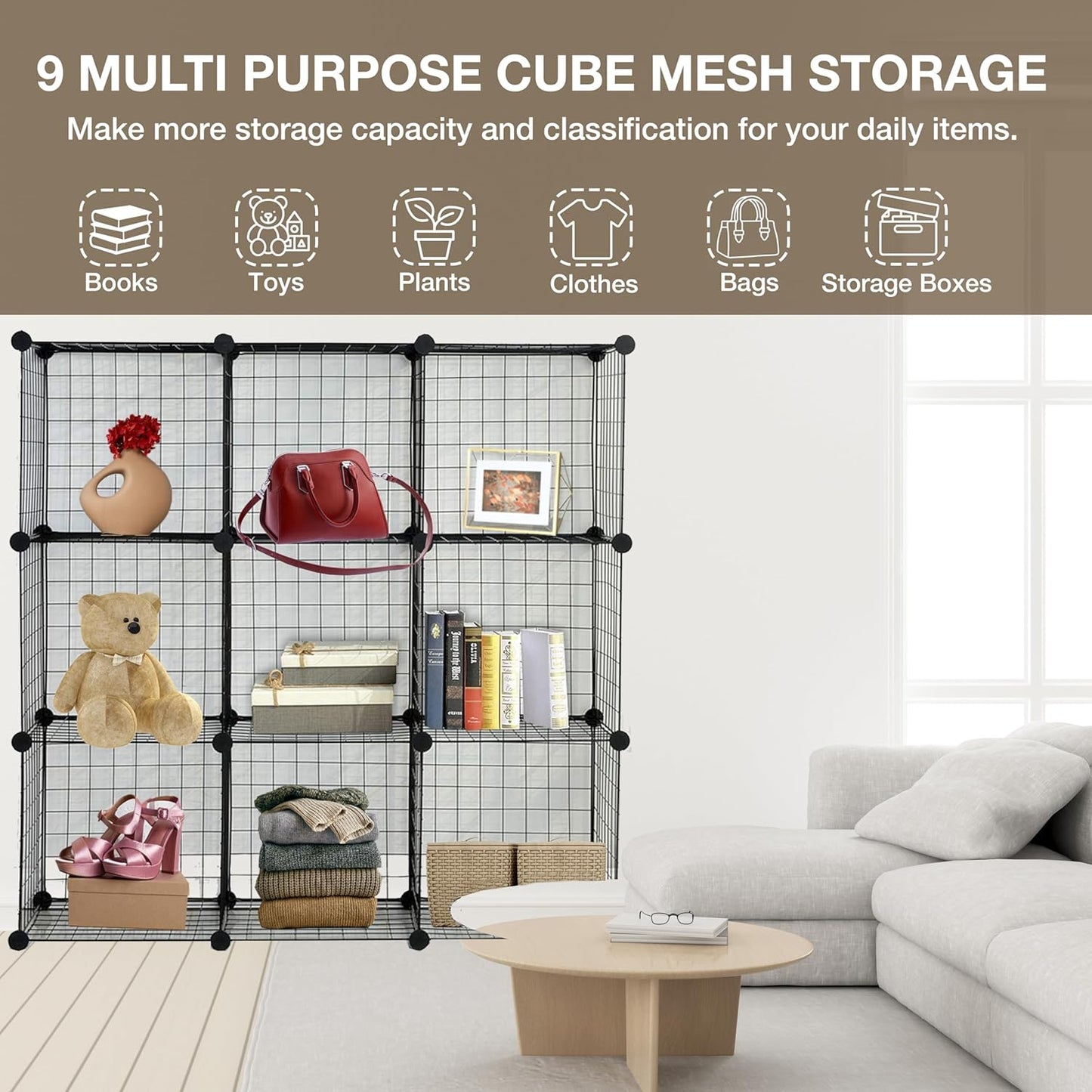 9 Cube Interlocking Storage Rack with Metal Wire Mesh Shelves | Cube Bookcase | Multifunctional Wire Fence Display Stand Unit Cabinet Large Capacity with Free Rubber Mallet