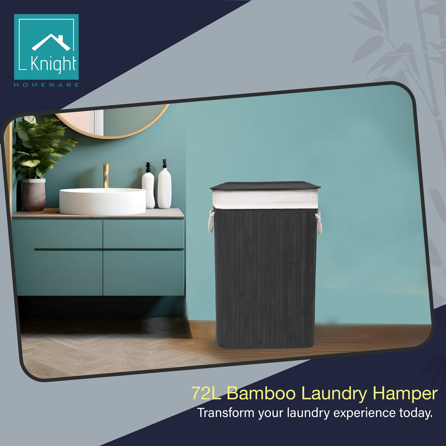 KNIGHT Bamboo Laundry Basket, 72L- Black