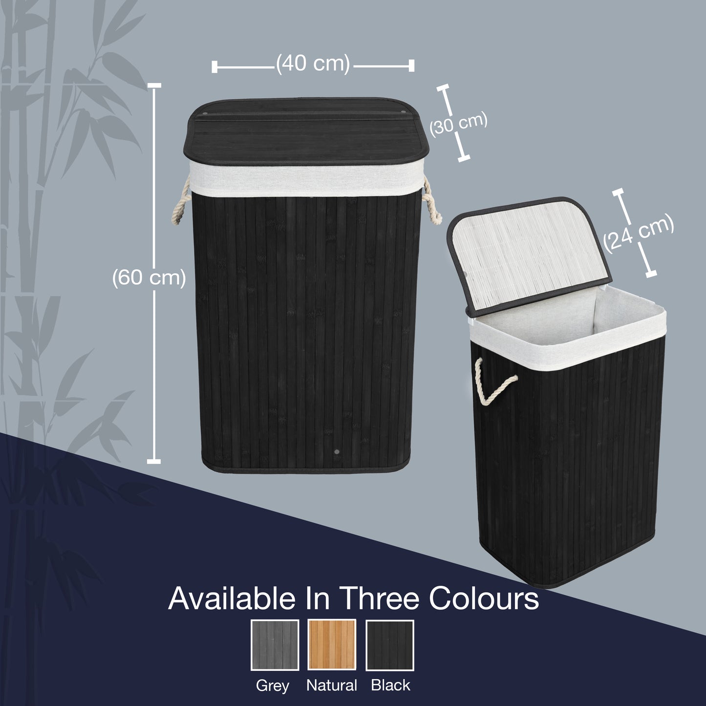 KNIGHT Bamboo Laundry Basket, 72L- Black