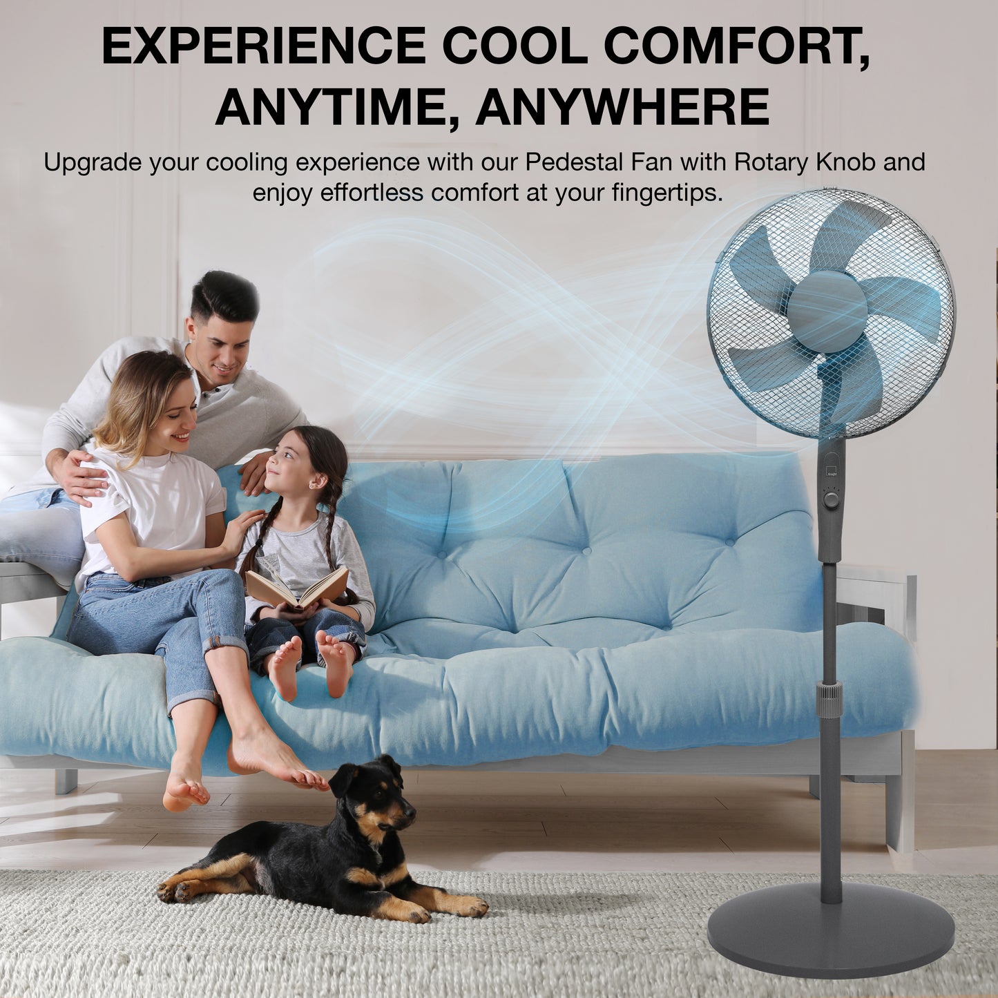Knight 16" Heavy Duty 5 Blade Pedestal Stand Fan, 140cm Adjustable Height, 3 Speed Setting, Heavy Round Base, Oscillating, Tilting head - Grey
