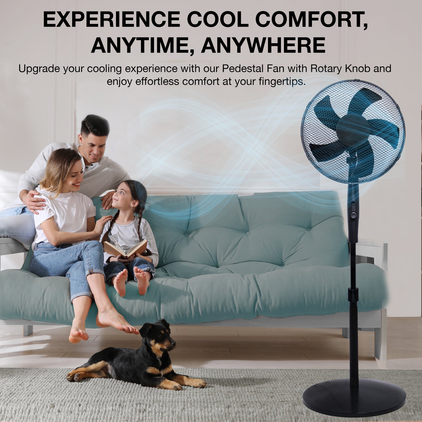 Knight 16" Heavy Duty 5 Blade Pedestal Stand Fan, 140cm Adjustable Height, 3 Speed Setting, Heavy Round Base, Oscillating, Tilting head - Black