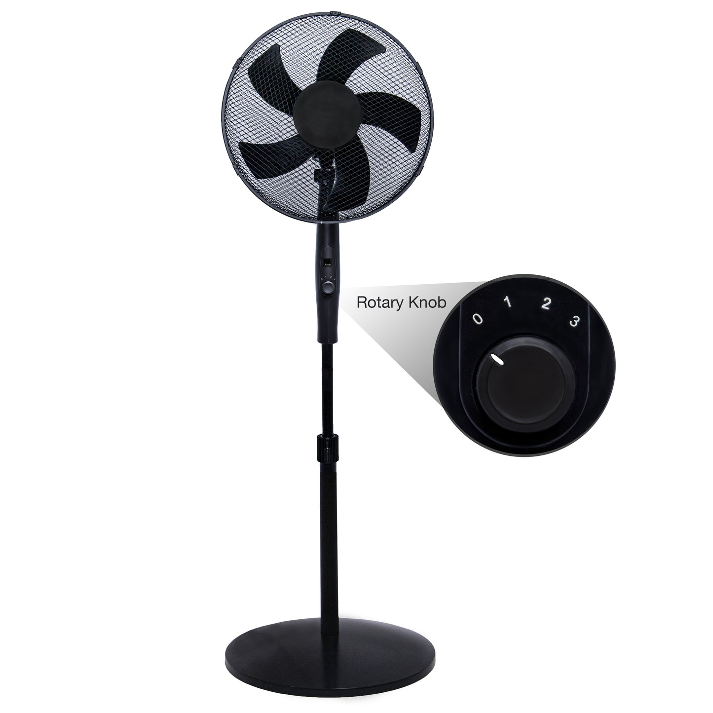 Knight 16" Heavy Duty 5 Blade Pedestal Stand Fan, 140cm Adjustable Height, 3 Speed Setting, Heavy Round Base, Oscillating, Tilting head - Black