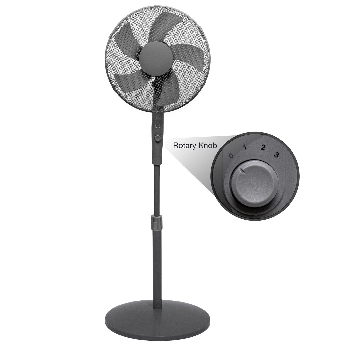 Knight 16" Heavy Duty 5 Blade Pedestal Stand Fan, 140cm Adjustable Height, 3 Speed Setting, Heavy Round Base, Oscillating, Tilting head - Grey