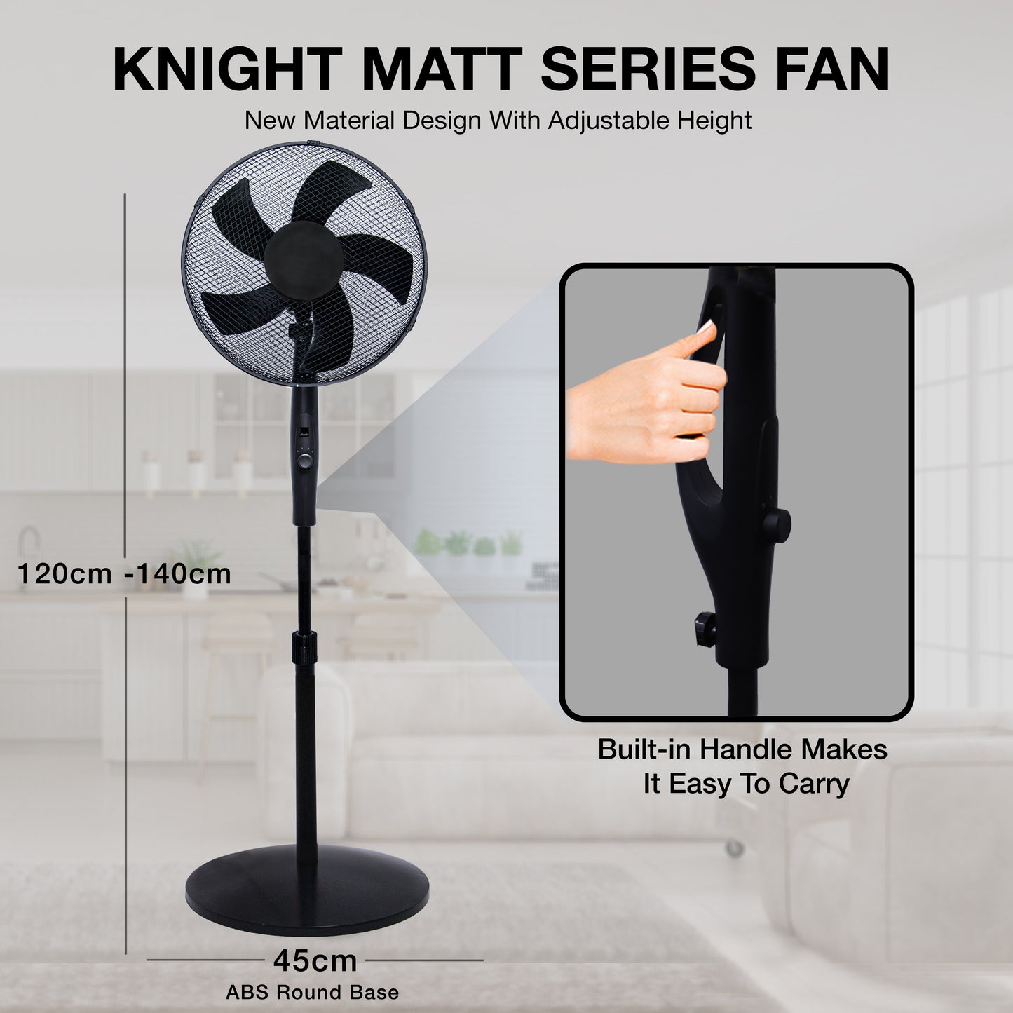 Knight 16" Heavy Duty 5 Blade Pedestal Stand Fan, 140cm Adjustable Height, 3 Speed Setting, Heavy Round Base, Oscillating, Tilting head - Black