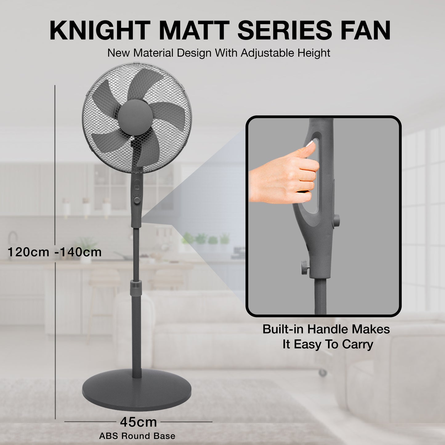 Knight 16" Heavy Duty 5 Blade Pedestal Stand Fan, 140cm Adjustable Height, 3 Speed Setting, Heavy Round Base, Oscillating, Tilting head - Grey