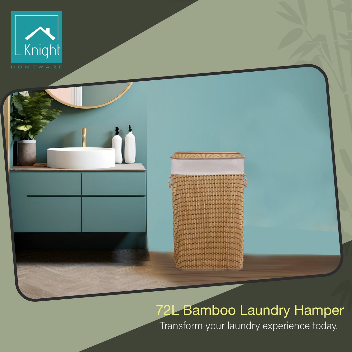 KNIGHT Bamboo Laundry Basket, 72L Laundry Hamper with Removeable Washable Lining, Easy Assemble Easy Folding Storage Bin 40x30x60 cm (Micro weave- Natural)
