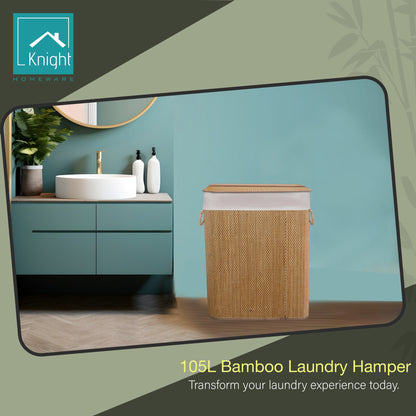 KNIGHT Bamboo Laundry Basket, 105L Laundry Hamper with Removable Washable Lining, Easy Assemble Easy Folding Storage Bin 40x18x60 cm (Micro weave- Natural)