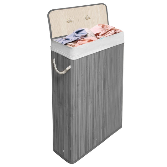 KNIGHT Bamboo Laundry Basket, 56L Laundry Hamper with Removable Washable Lining, Easy Assemble Easy Folding Storage Bin 40x18x60 cm (Grey)