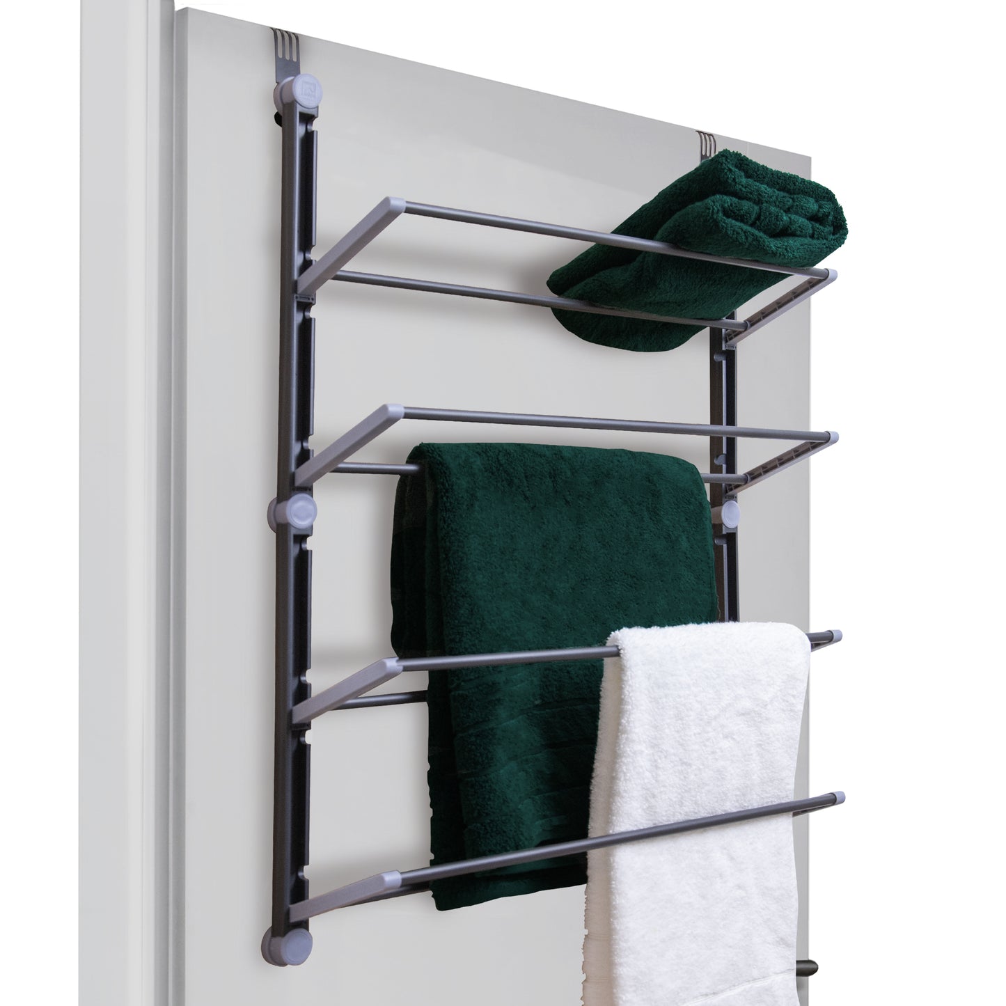 Over the Door Towel Rack, Space Saving Hanging for Any Door Types in the Bathroom. Fold up non-slip metal bars. 4 Tier household organiser hand towels. Quick assembly [Grey] (4 Tier)