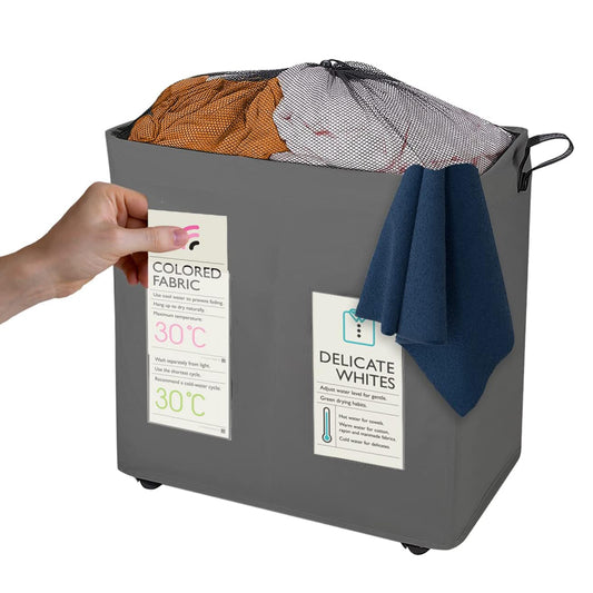 KNIGHT 120L Collapsible Laundry Basket with Wheels - Lightweight, 2 Section, Portable Washing Storage Bin with Mesh Cover & Handles - Durable Fabric (Grey)