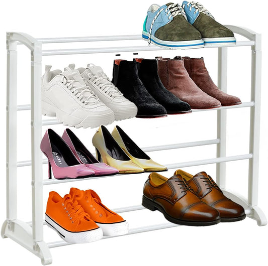 Knight 4-Tier Shoe Rack Extendable, for Living Room, Hallway and Cloakroom, Stores up to 12 Pairs of Shoes, Sturdy Design, Space Saving - (L) 65cm x (W) 16.5cm x (H) 50cm (White)