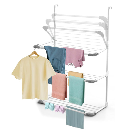 3-Tier Over The Door Clothes Airer | Foldable Clothes Rail with Corner Spaces for Hangers | Sturdy Hanging Washing Laundry Airer | Indoor Clothes Drying Rack for Small Spaces (White)