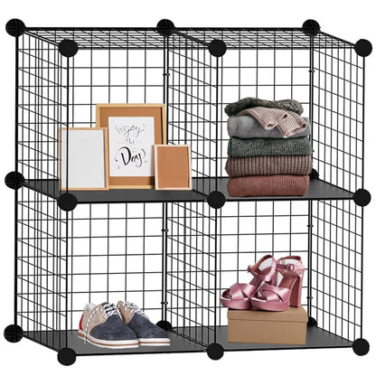 4 Cube Interlocking Storage Rack | Metal Wire Mesh Shelves | Combination Display Stand Unit | Large Capacity | Free Rubber Mallet | 62x31x62cm | Black