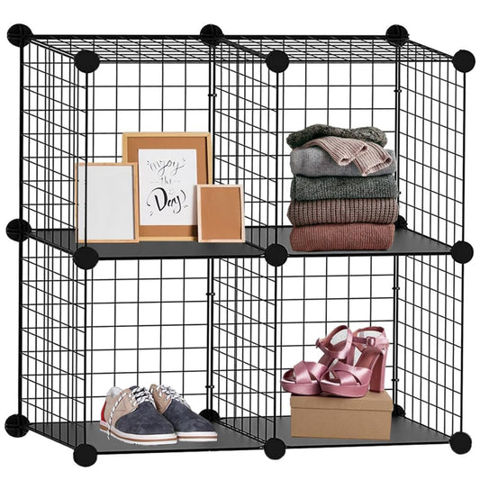 4 Cube Interlocking Storage Rack | Metal Wire Mesh Shelves | Combination Display Stand Unit | Large Capacity | Free Rubber Mallet | 62x31x62cm | Black