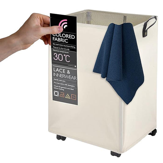 KNIGHT 60L Collapsible Laundry Basket with Wheels | Lightweight Portable Washing Storage Bin | Durable Fabric Mesh Cover & Handles | Ivory Laundry Hamper Visit the Knight Store