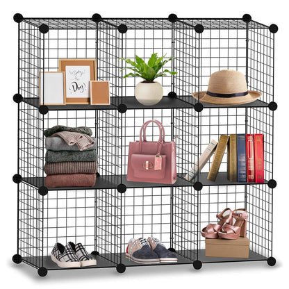 9 Cube Interlocking Storage Rack with Metal Wire Mesh Shelves | Cube Bookcase | Multifunctional Wire Fence Display Stand Unit Cabinet Large Capacity with Free Rubber Mallet