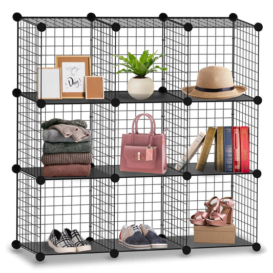 9 Cube Interlocking Storage Rack with Metal Wire Mesh Shelves | Cube Bookcase | Multifunctional Wire Fence Display Stand Unit Cabinet Large Capacity with Free Rubber Mallet